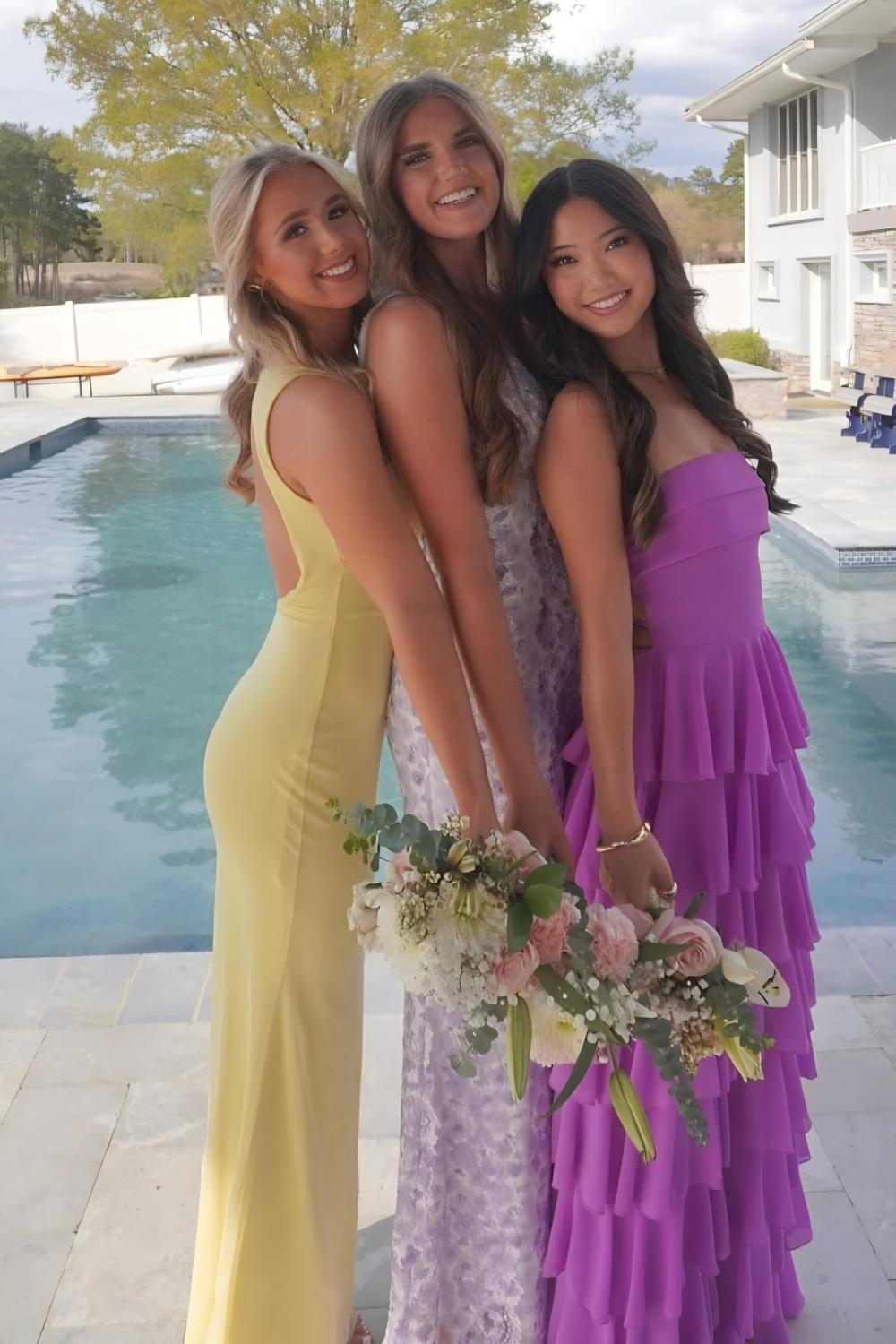 Stylish A Line Strapless Purple Long Prom Dress with Ruffles Split Front
