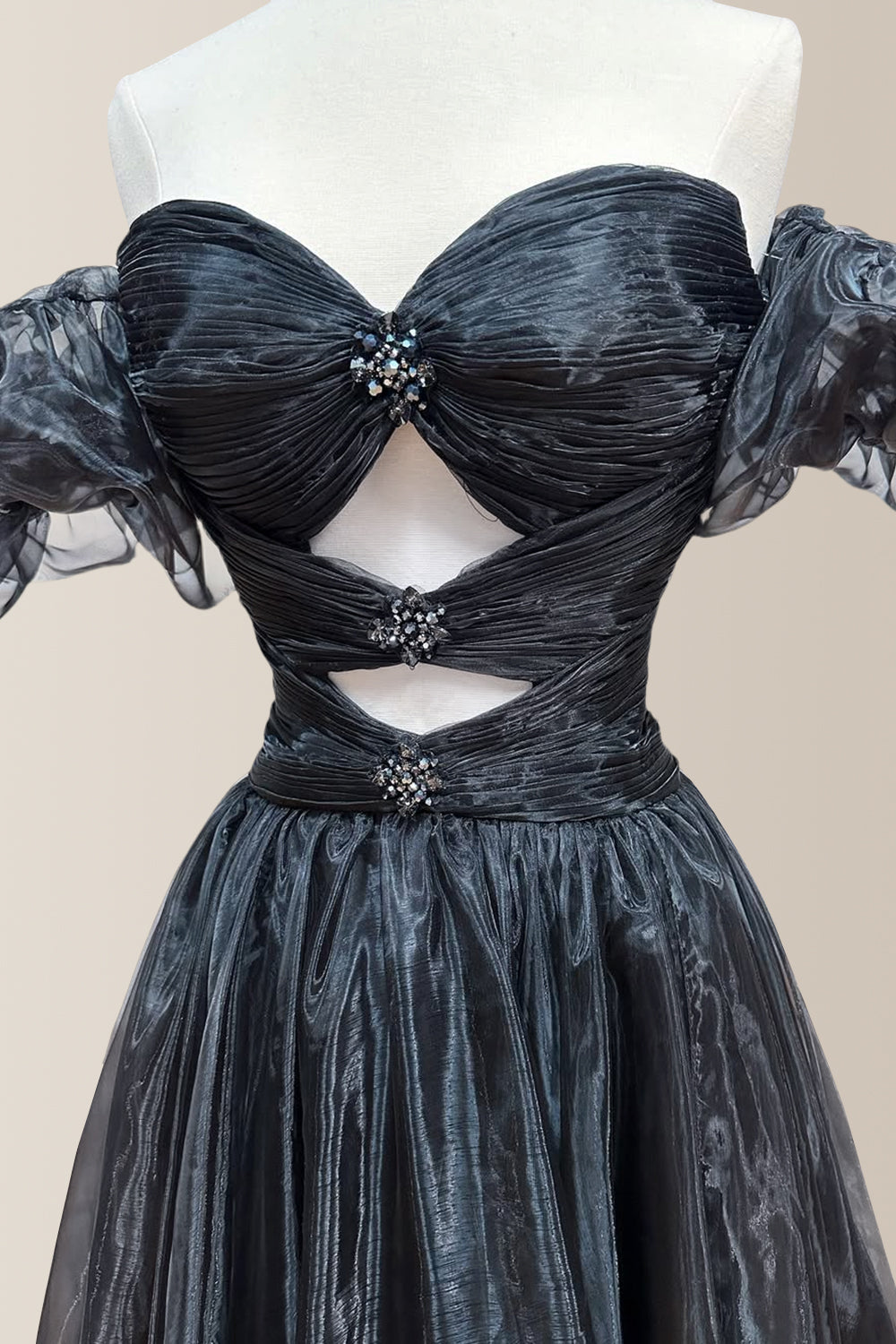 Stylish Black Off-The-Shoulder A-Line Prom Dress with Sheer Puff Sleeves & Cutout Beaded Bodice