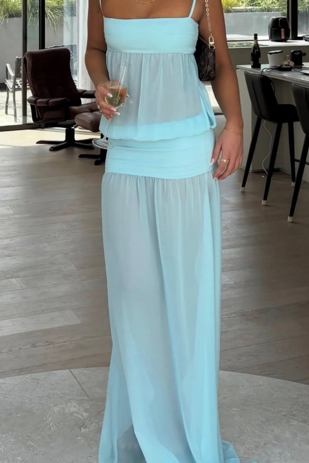 Stylish Mint Green Sheer Spaghetti Straps Chiffon Long Prom Dress