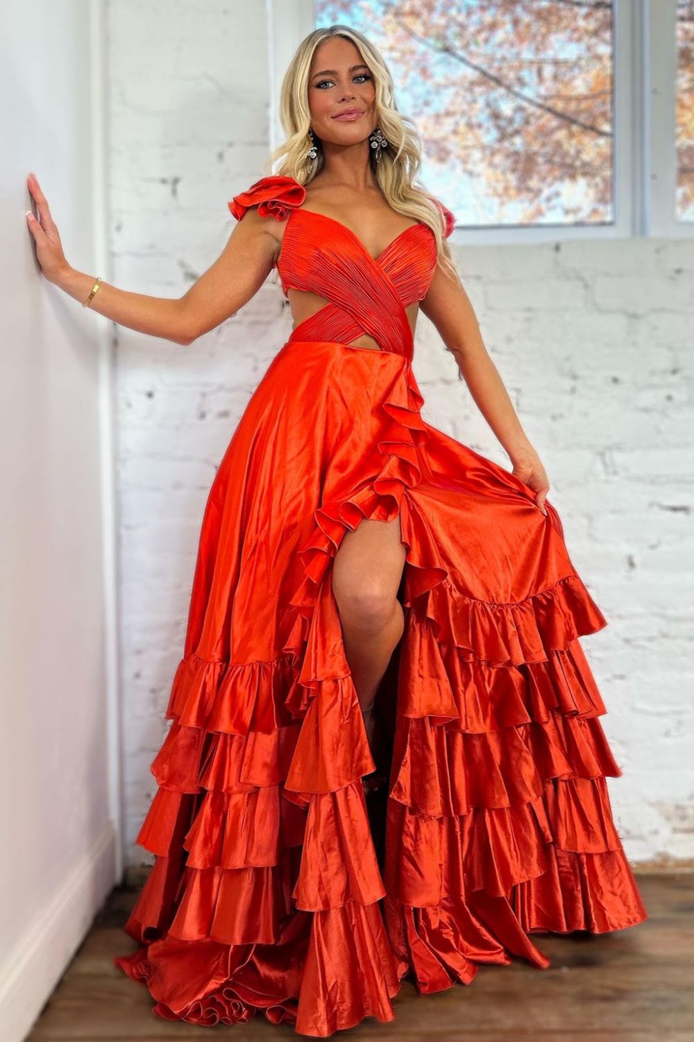 Black Ruffled Tiered Satin A-Line Prom Dress with Cutout Waist & V-Neck