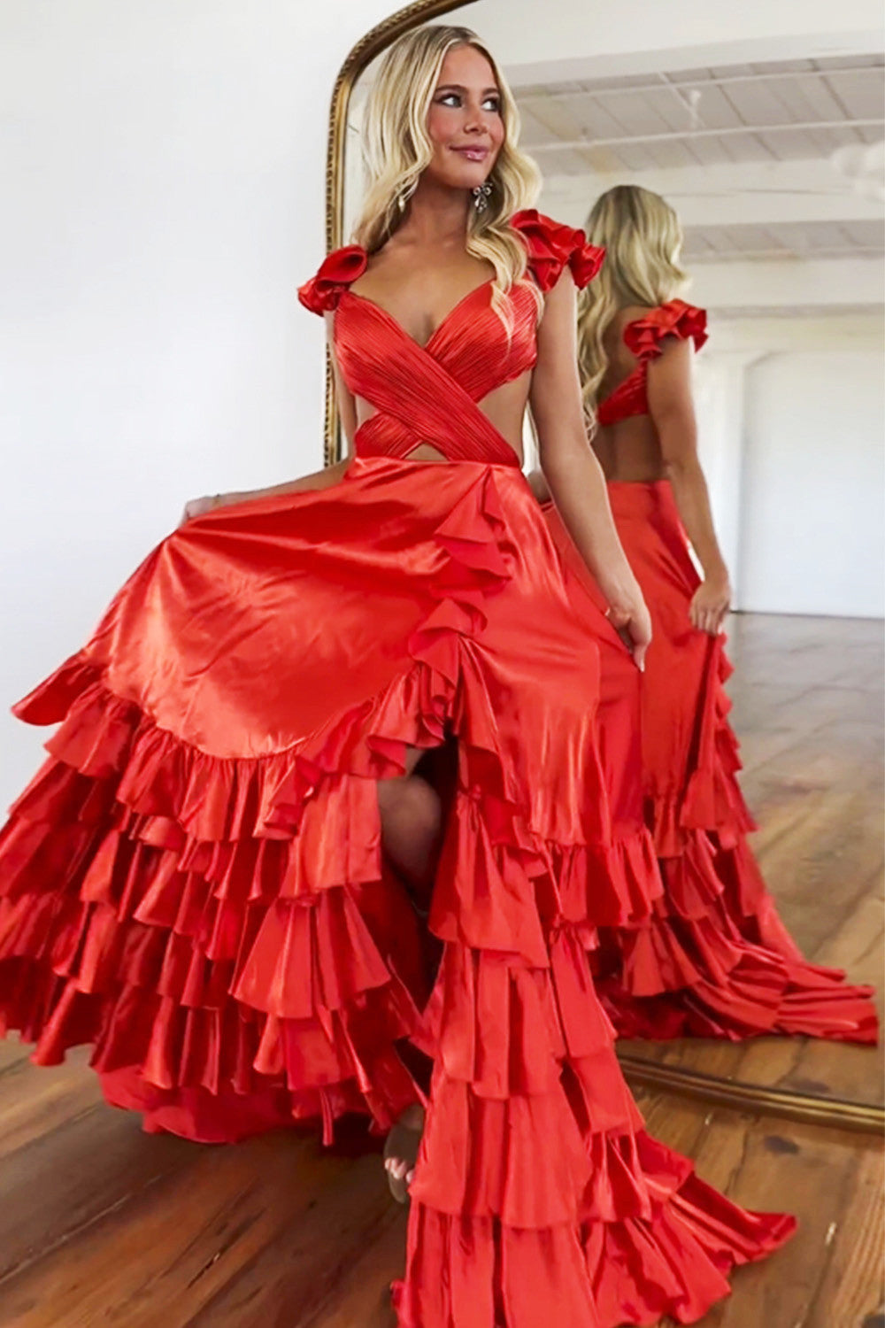 Black Ruffled Tiered Satin A-Line Prom Dress with Cutout Waist & V-Neck