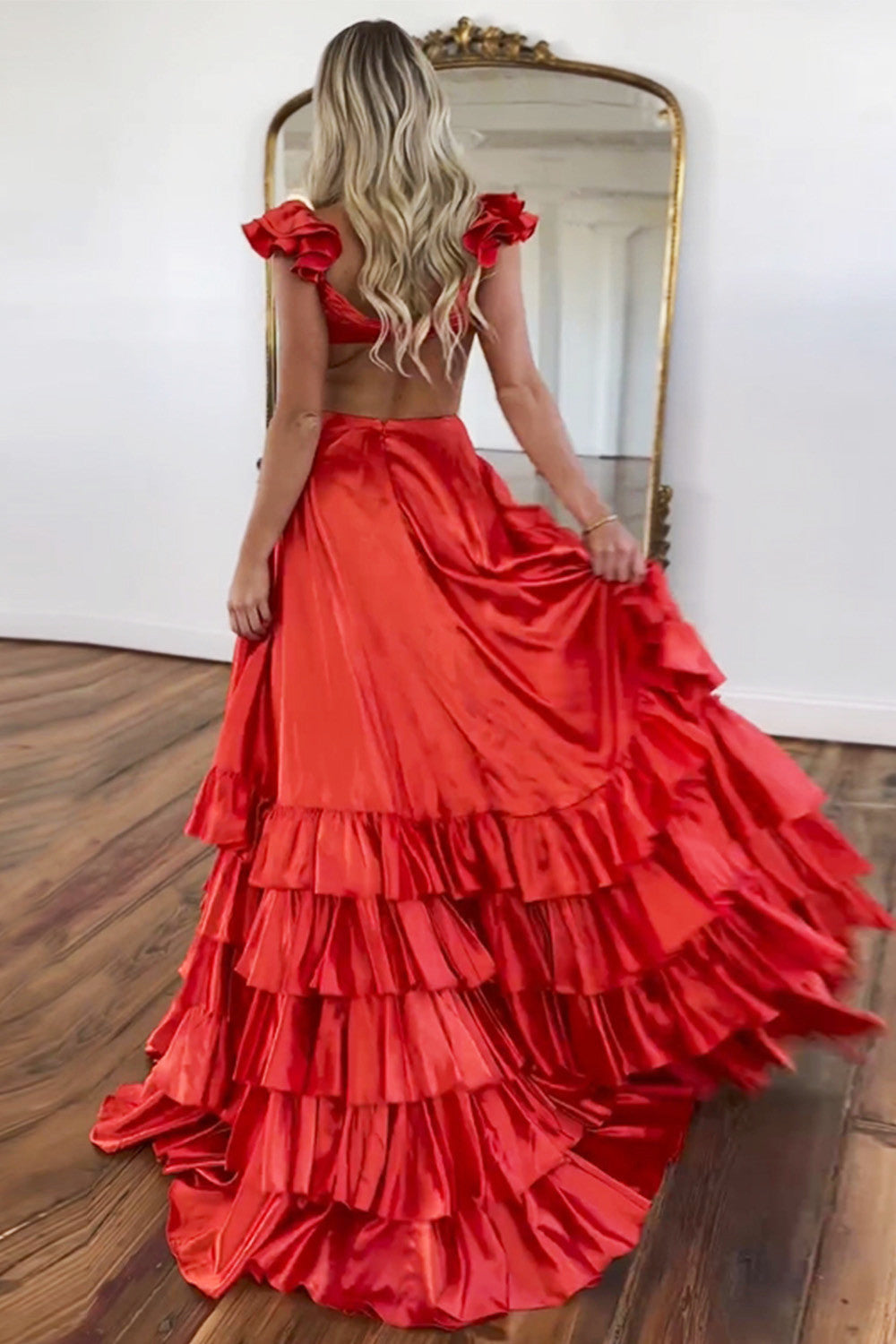 Black Ruffled Tiered Satin A-Line Prom Dress with Cutout Waist & V-Neck