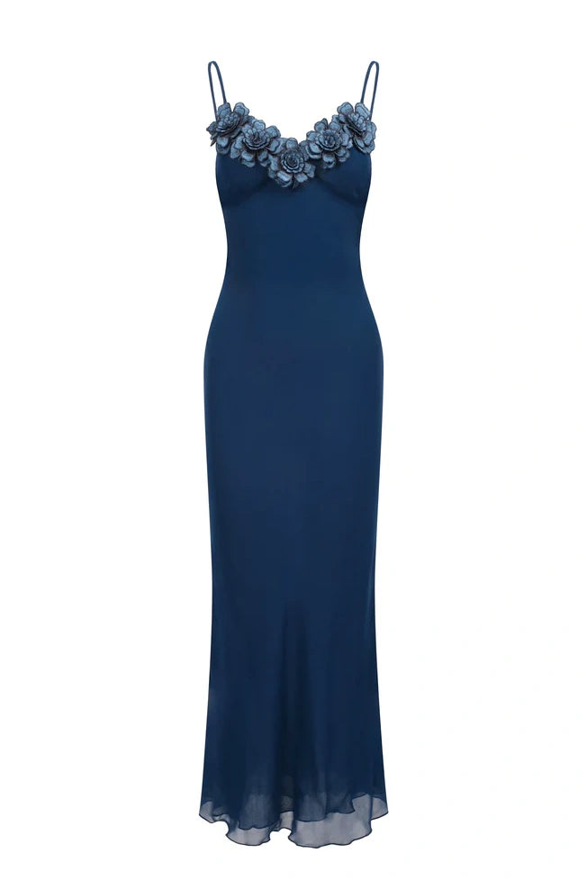 Stylish Sheath Spaghetti Straps Navy Blue Long Party Dress with Flowers