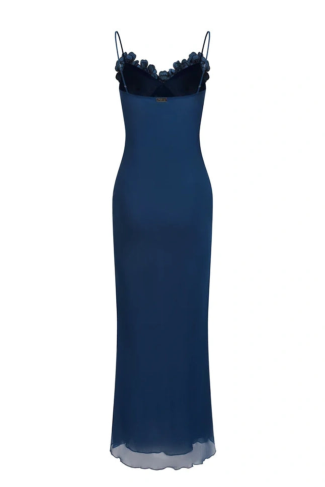 Stylish Sheath Spaghetti Straps Navy Blue Long Party Dress with Flowers