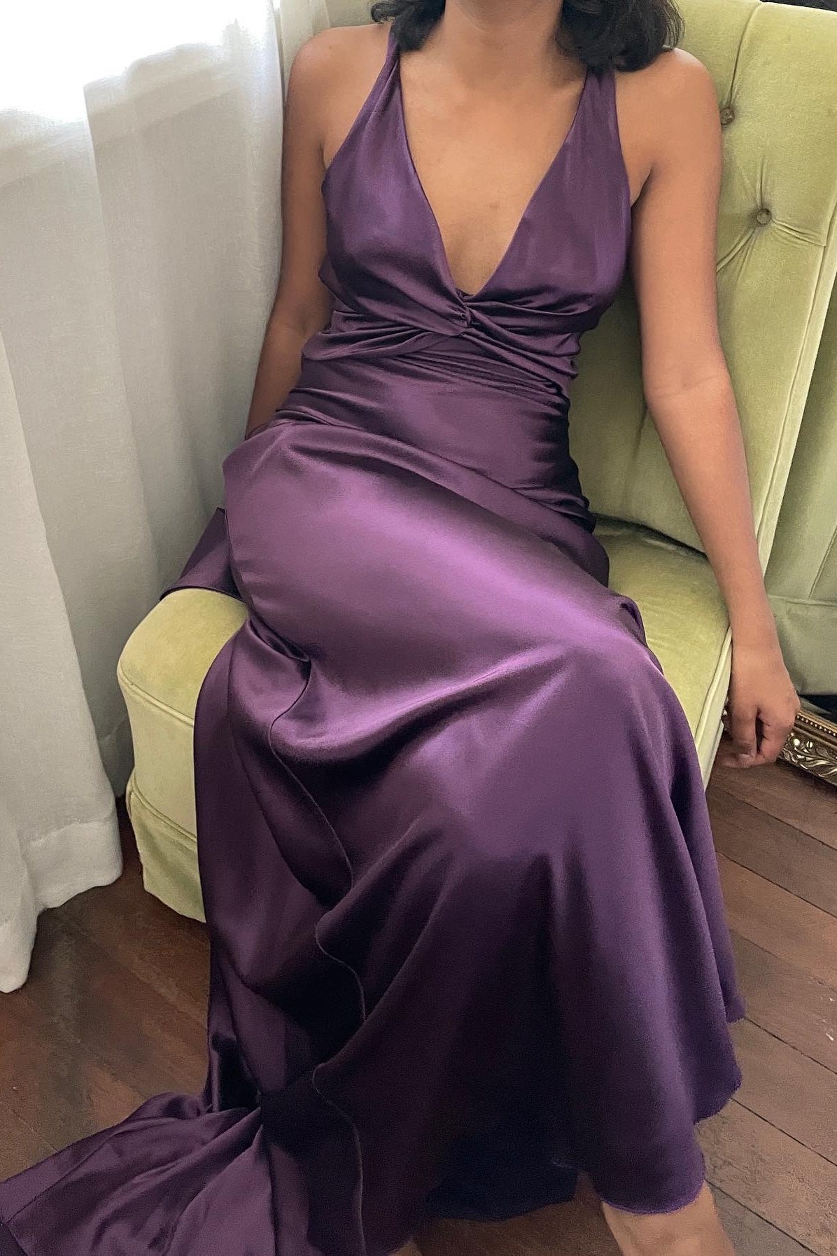 Stylish Sheath V Neck Green Long Party Dress with Open Back Bowknot