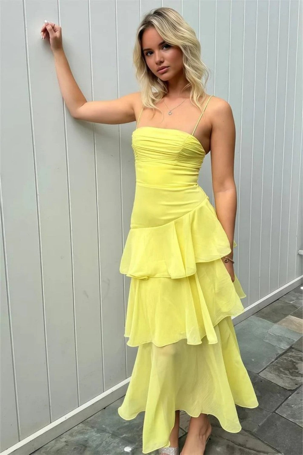 Stylish Yellow Spaghetti Straps Lace Up Tiered Chiffon Prom Gown