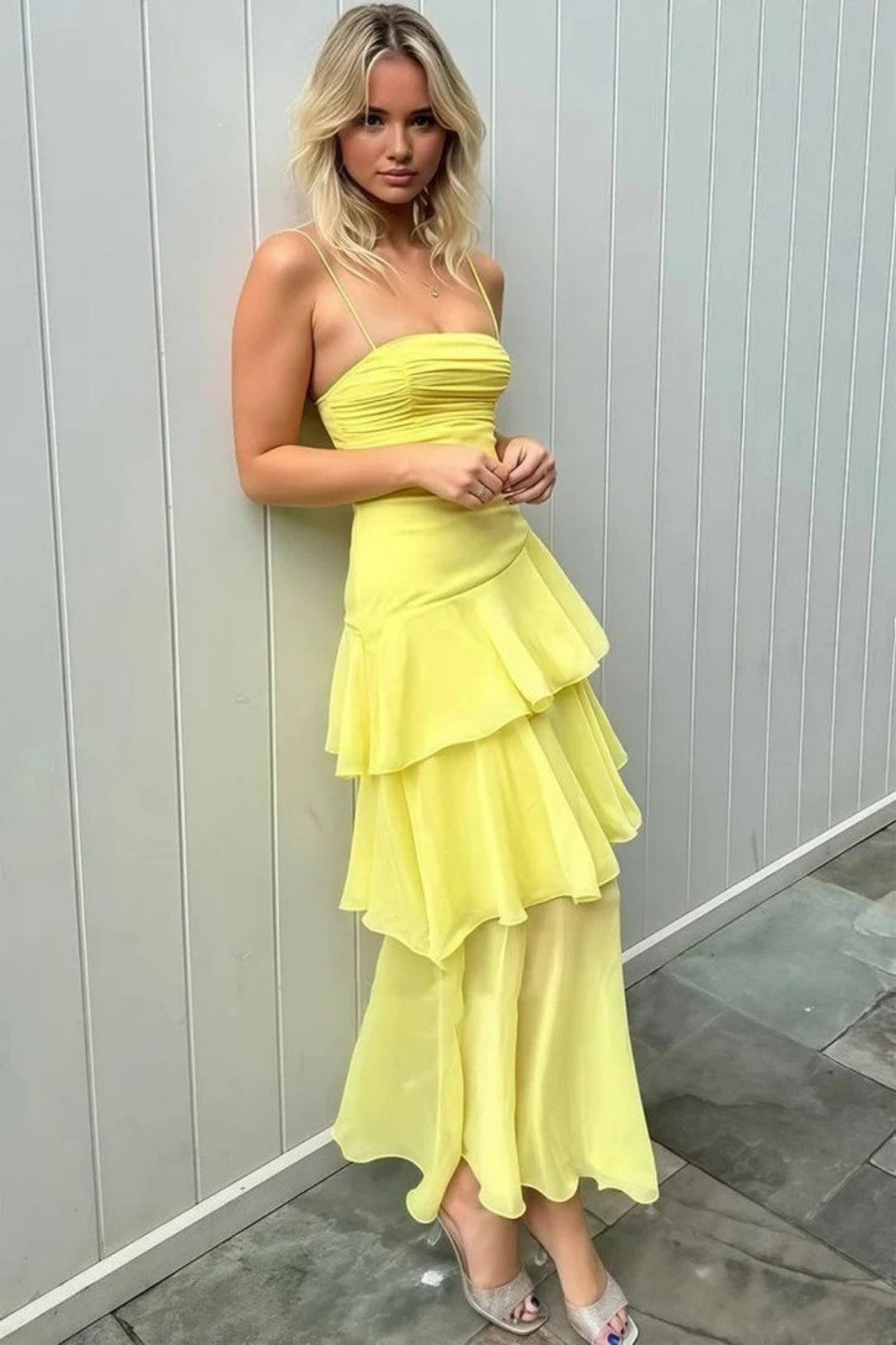 Stylish Yellow Spaghetti Straps Lace Up Tiered Chiffon Prom Gown