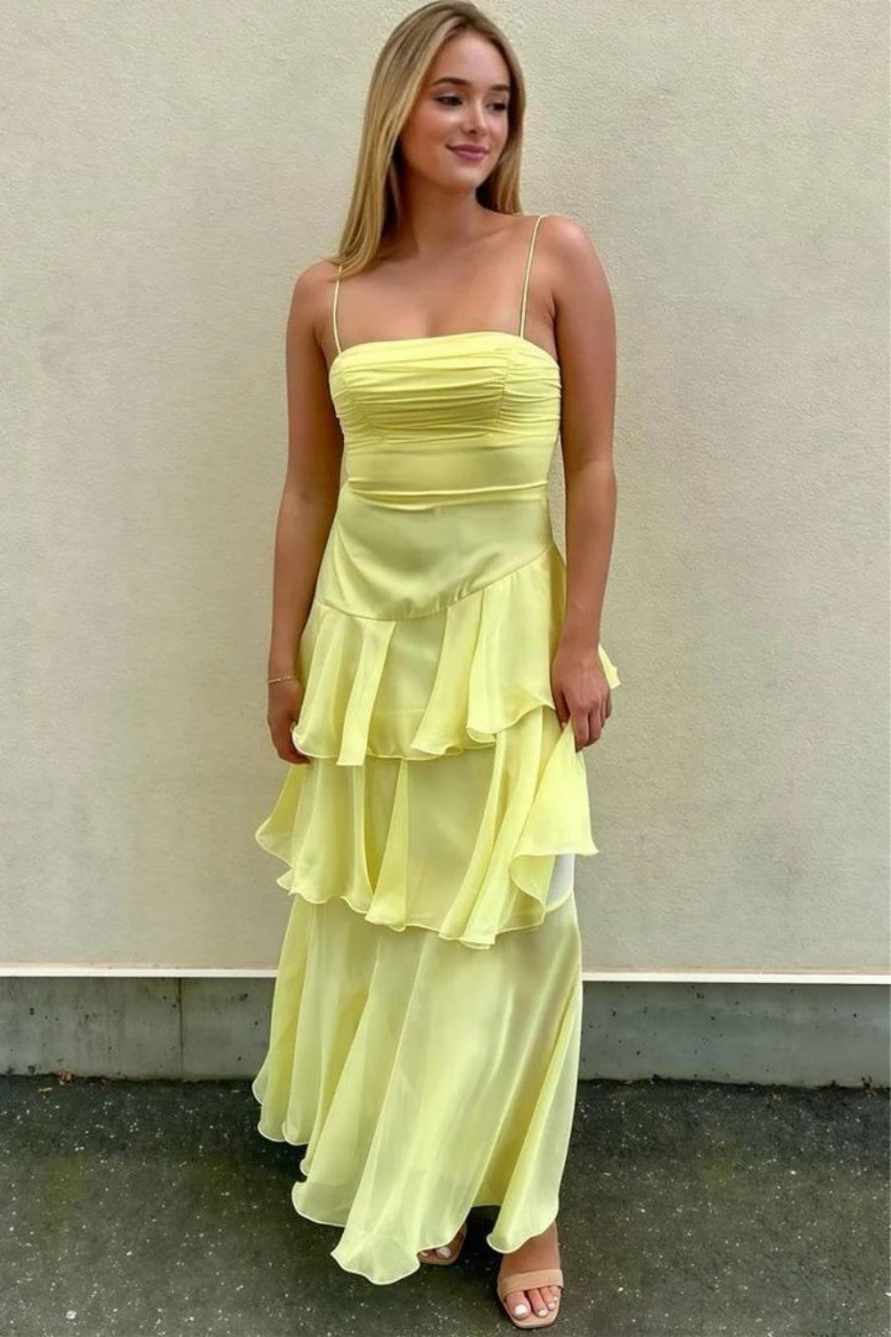 Stylish Yellow Spaghetti Straps Lace Up Tiered Chiffon Prom Gown