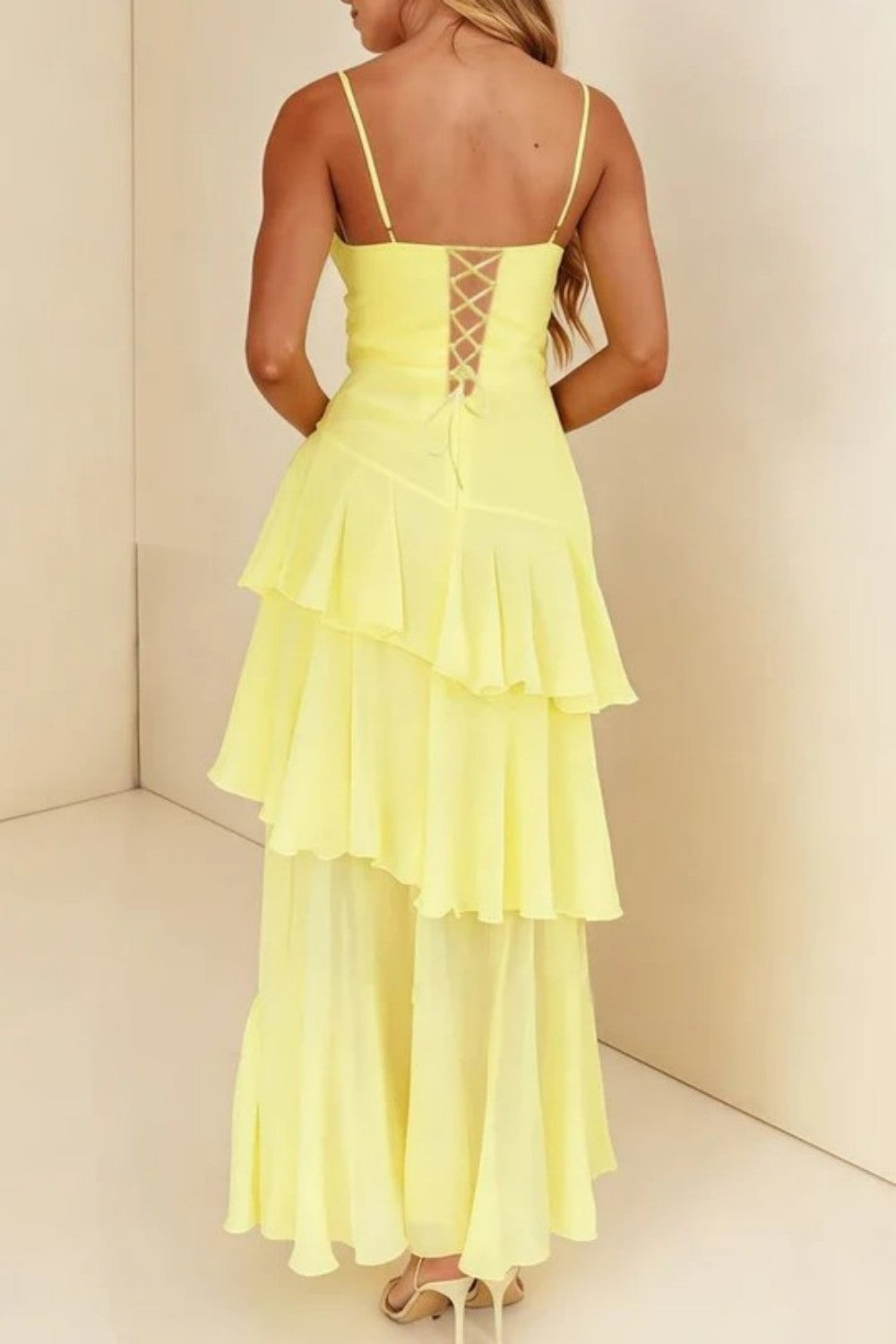 Stylish Yellow Spaghetti Straps Lace Up Tiered Chiffon Prom Gown