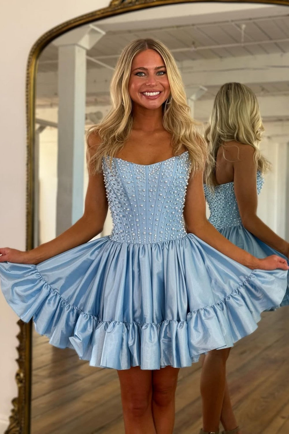 Sweet Pink A-Line Strapless Short Satin Homecoming Dress with Pearls