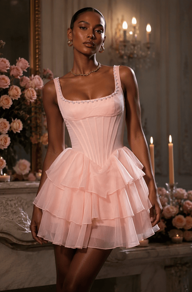 Sweet Square Neck Homecoming Dress with Structured Corset and Tiered Tulle Layers