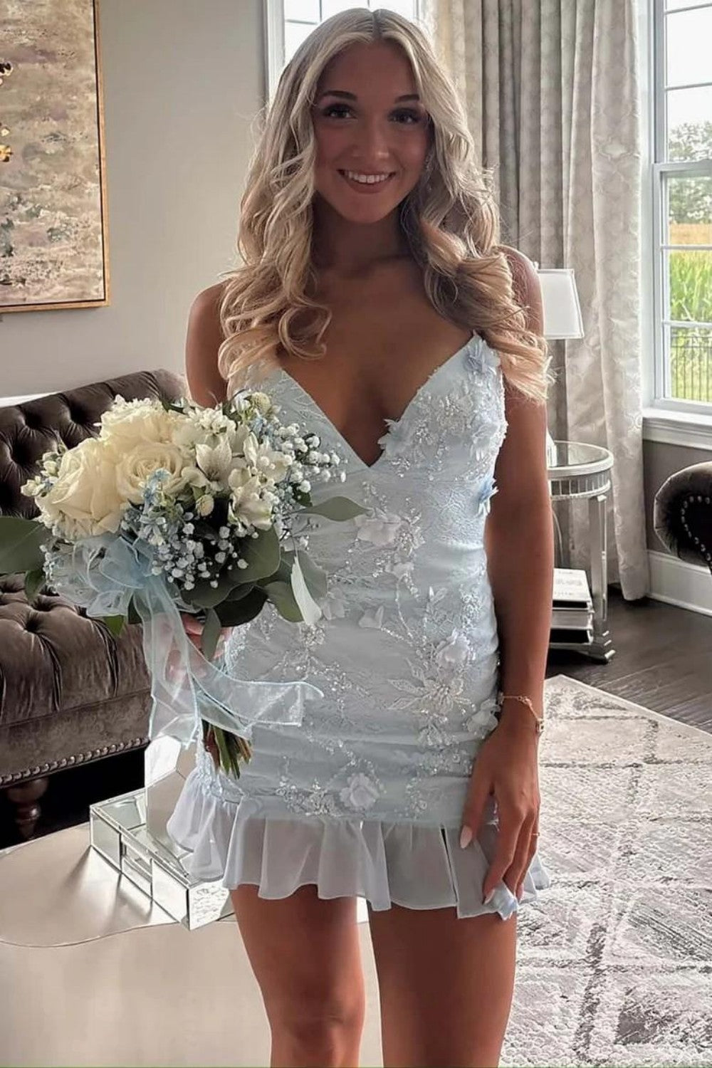 Sweet Floral Lace Hoco Dress with Fitted Bodice and Ruffled Short Skirt