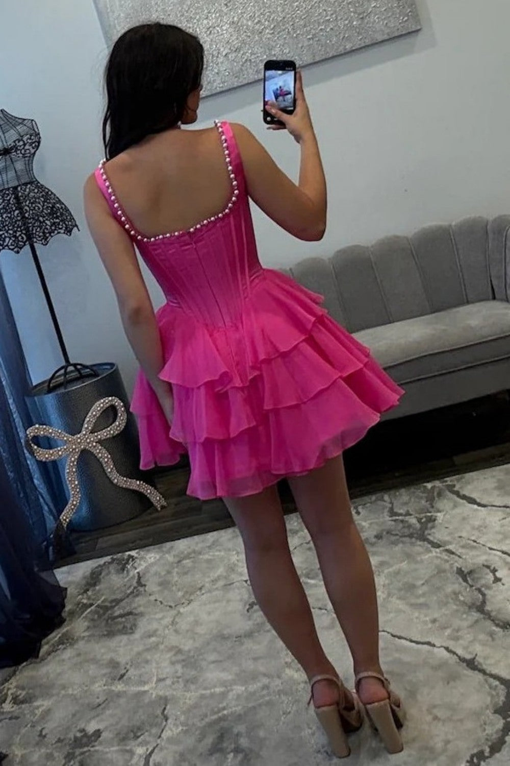 Sweet Square Neck Homecoming Dress with Structured Corset and Tiered Tulle Layers