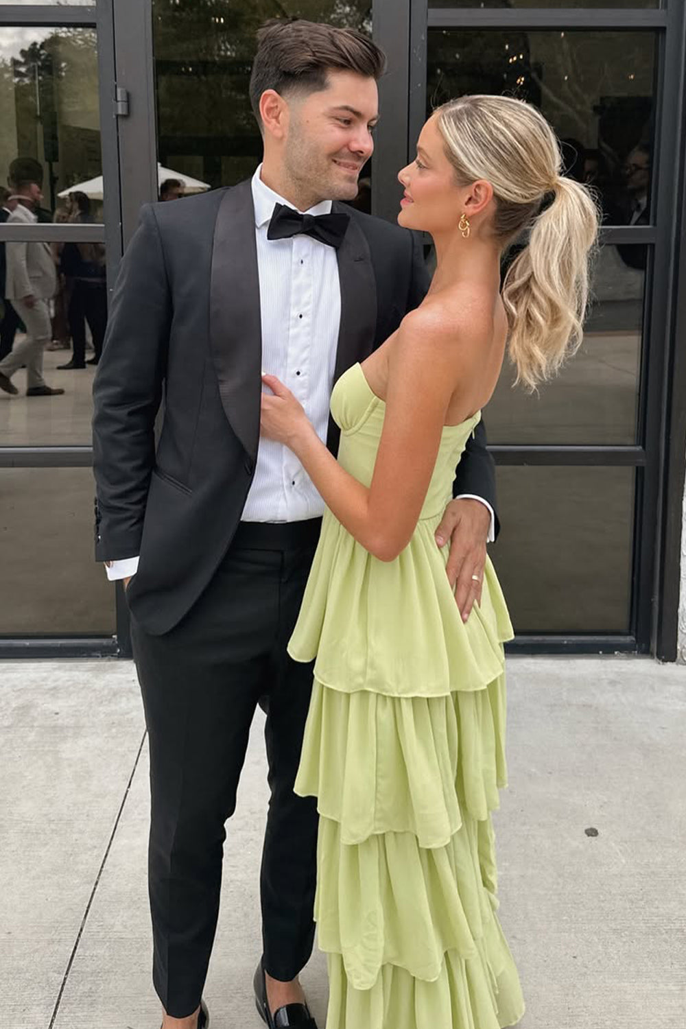 Sweetheart Light Green Layered Ruffle Evening Dress with Slit
