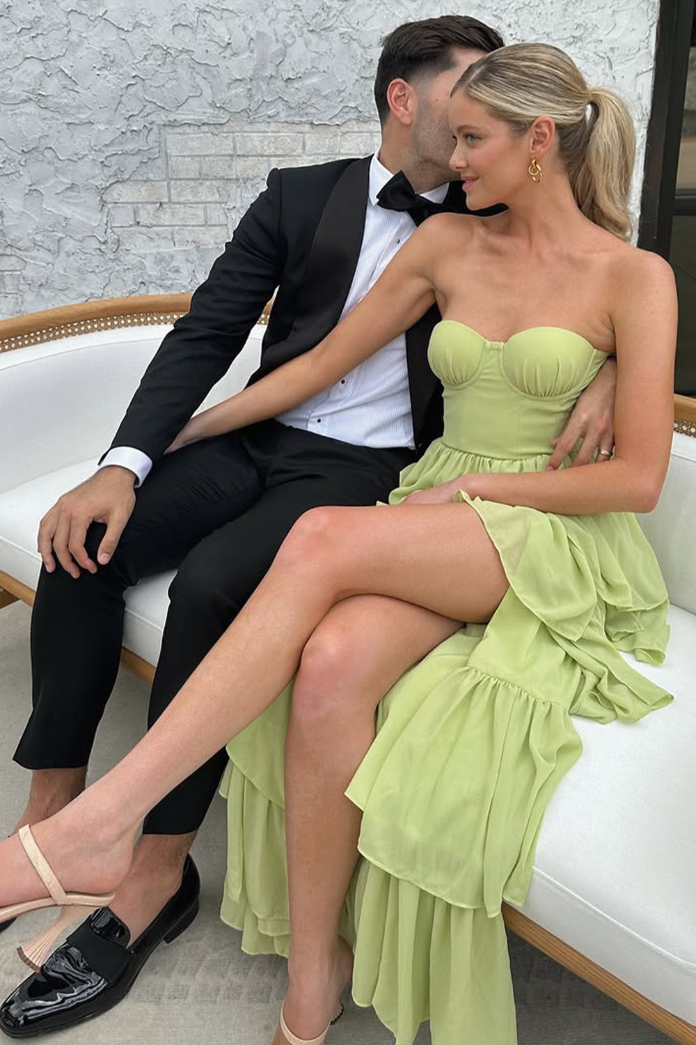Sweetheart Light Green Layered Ruffle Evening Dress with Slit