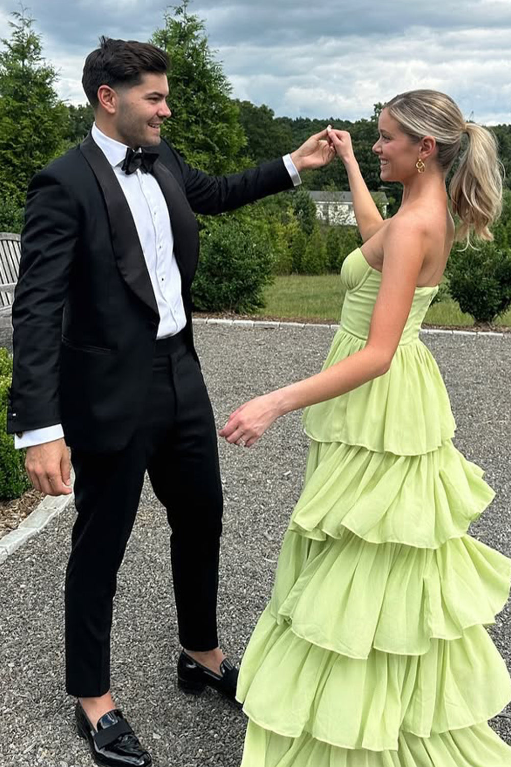 Sweetheart Light Green Layered Ruffle Evening Dress with Slit