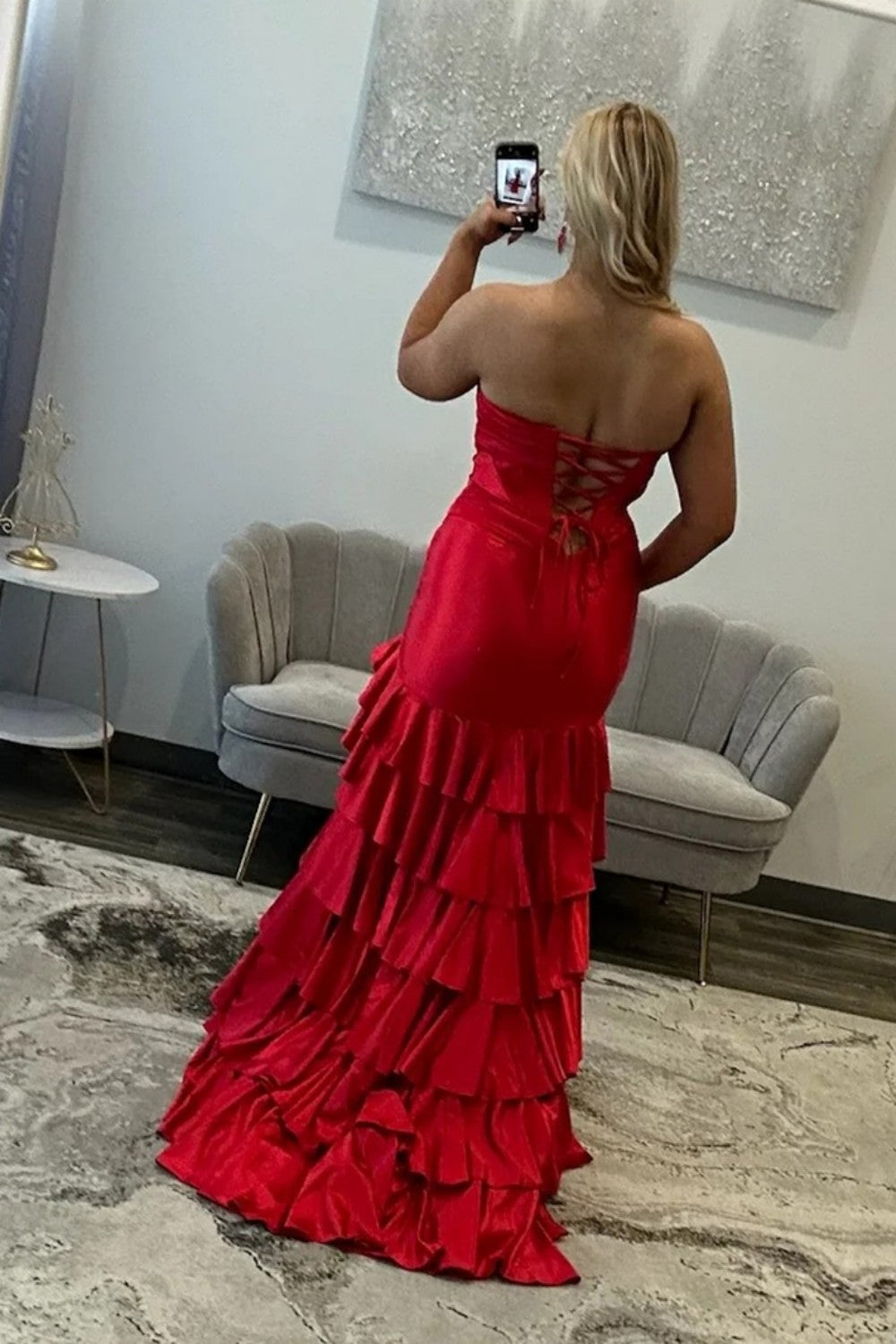 Sweetheart Yellow Lace Up Ruffled High-Slit Satin Mermaid Prom Dress