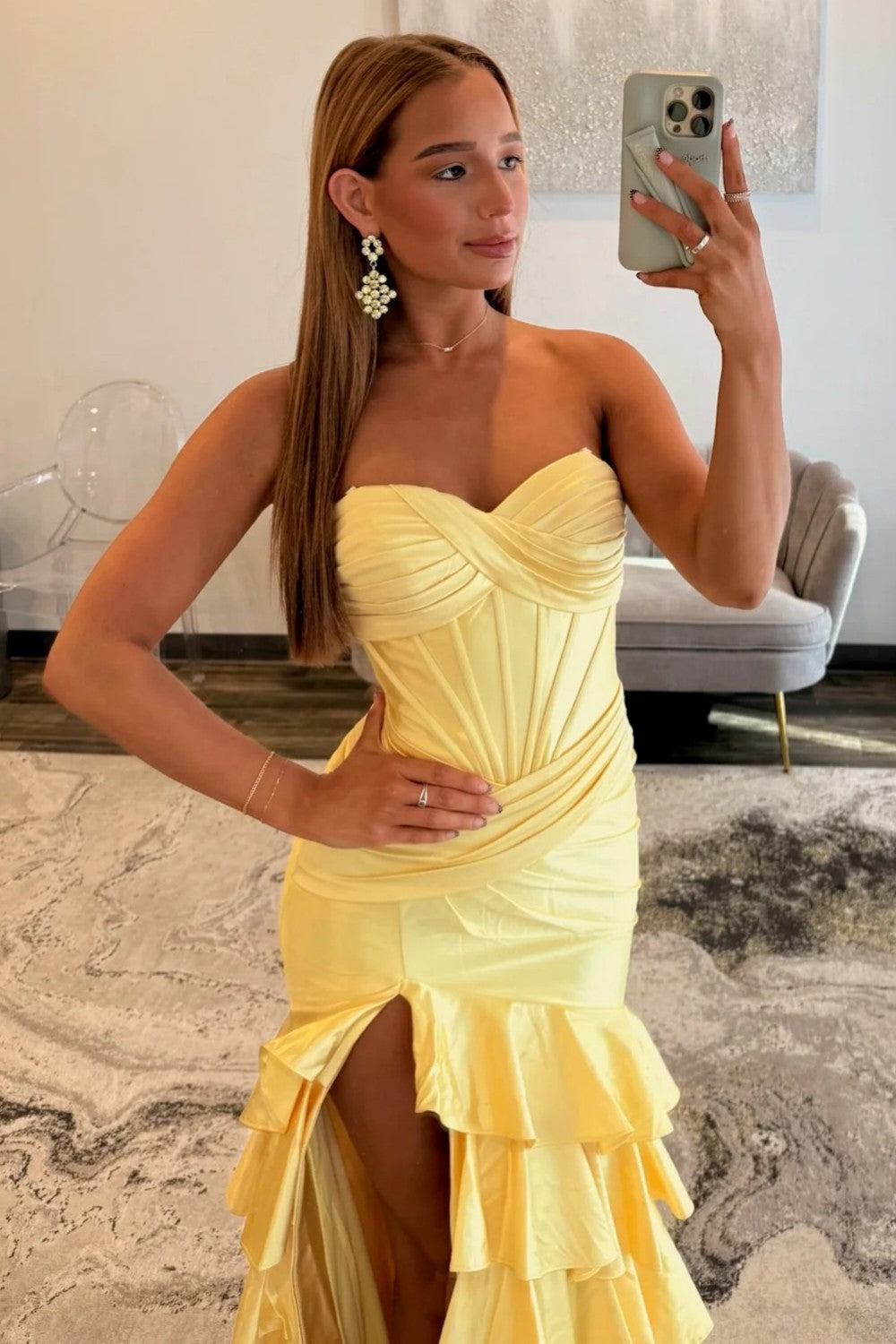 Sweetheart Yellow Lace Up Ruffled High-Slit Satin Mermaid Prom Dress