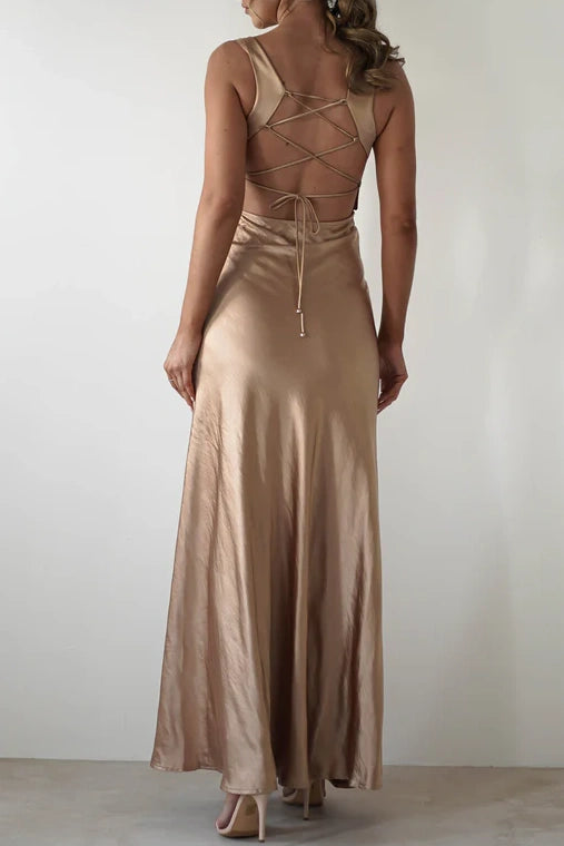 Sweety Satin Square Neck Yellow Long Prom Dress with Criss Cross Back
