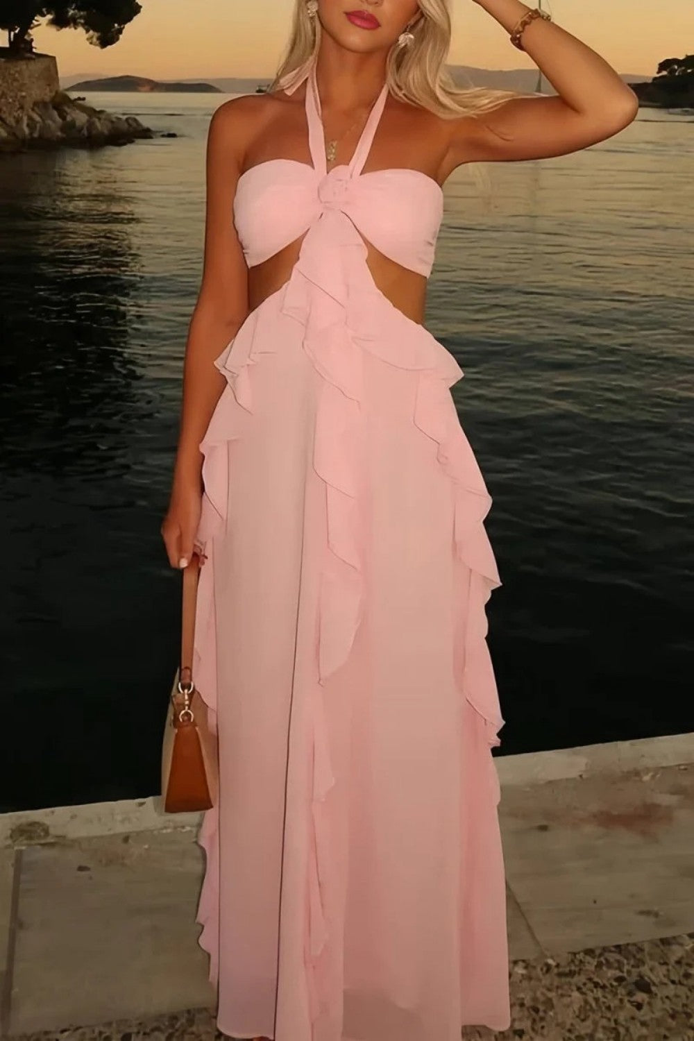 Sweety A Line Halter Neck Pink Long Prom Dress with Keyhole Ruffles