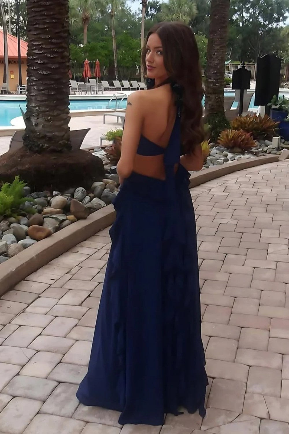 Sweety A Line Halter Neck Pink Long Prom Dress with Keyhole Ruffles