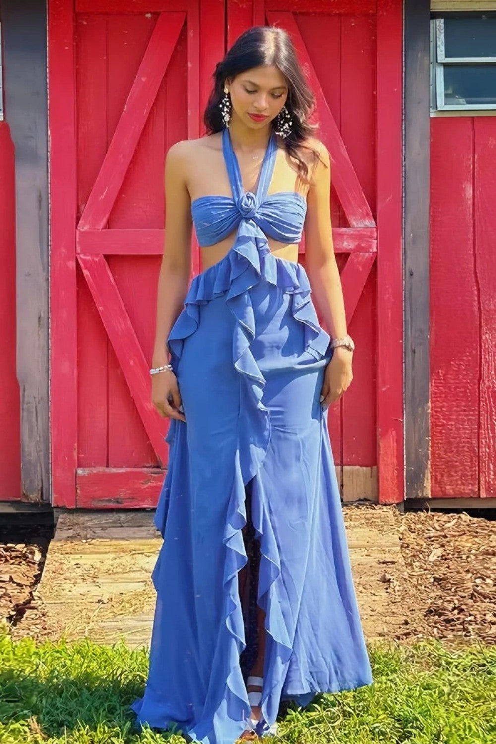 Sweety A Line Halter Neck Pink Long Prom Dress with Keyhole Ruffles