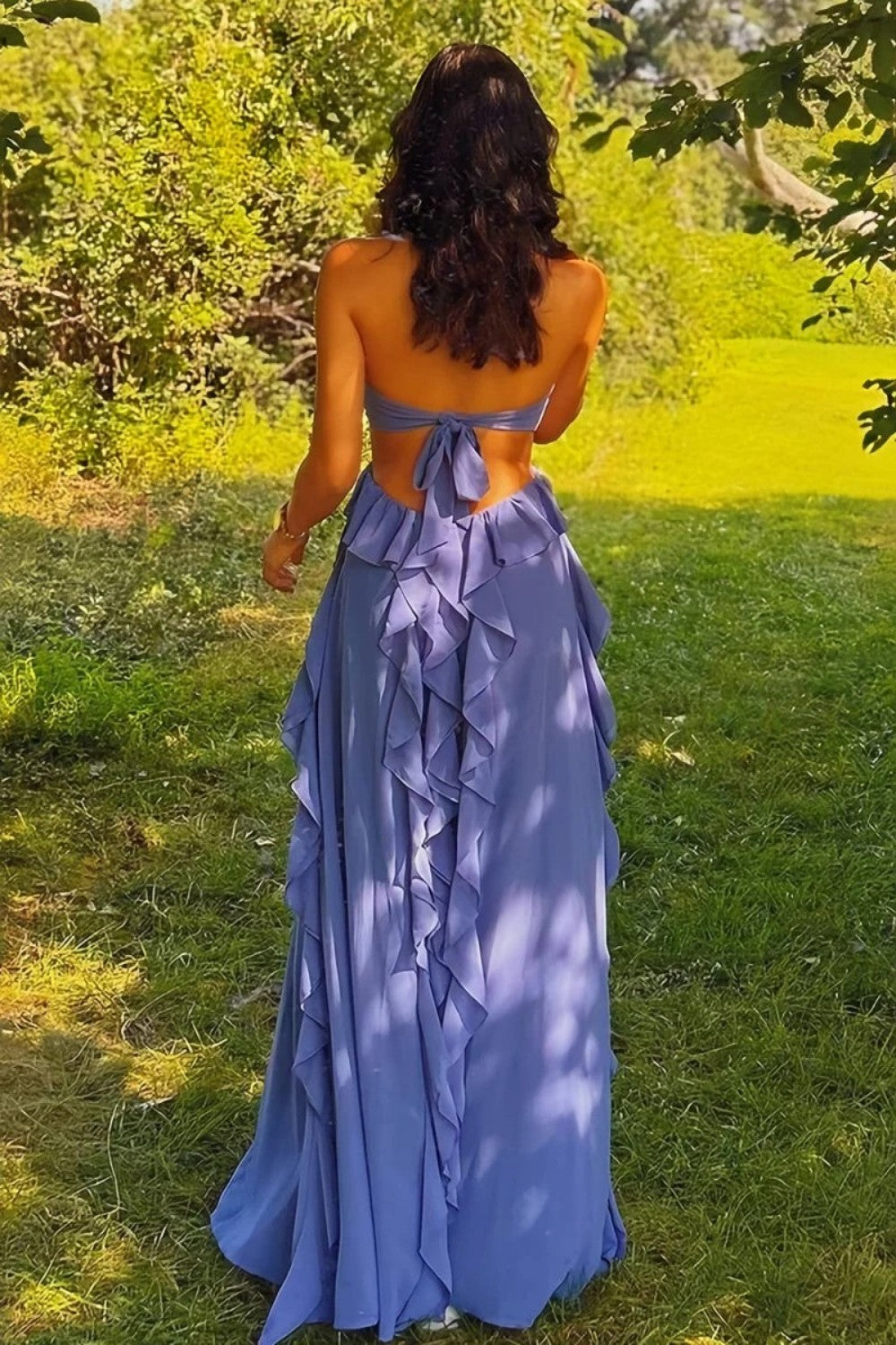 Sweety A Line Halter Neck Pink Long Prom Dress with Keyhole Ruffles