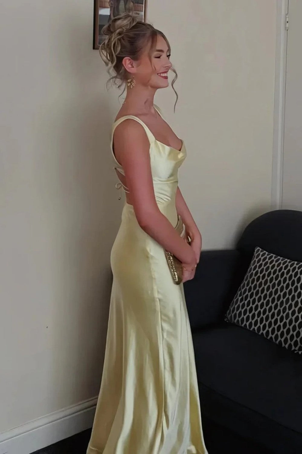 Sweety Satin Square Neck Yellow Long Prom Dress with Criss Cross Back