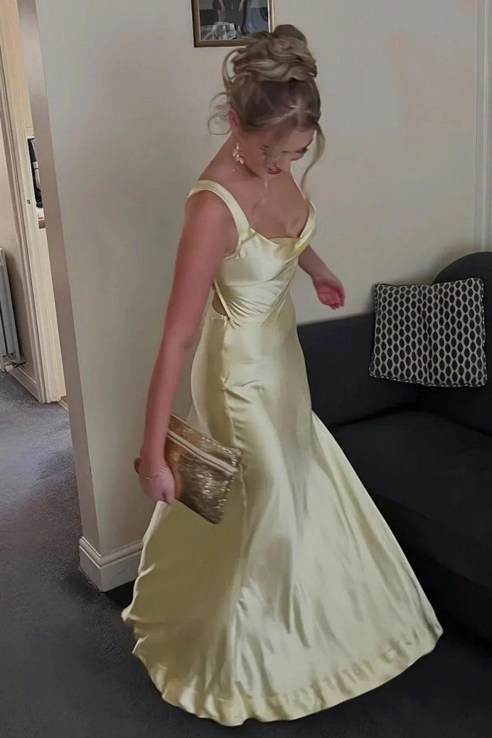 Sweety Satin Square Neck Yellow Long Prom Dress with Criss Cross Back
