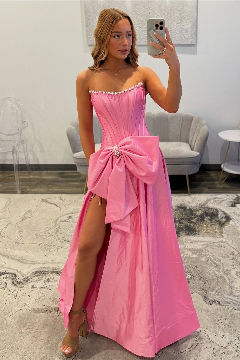 Sweety A Line Strapless Black Long Prom Dress with Bowknot Pearls