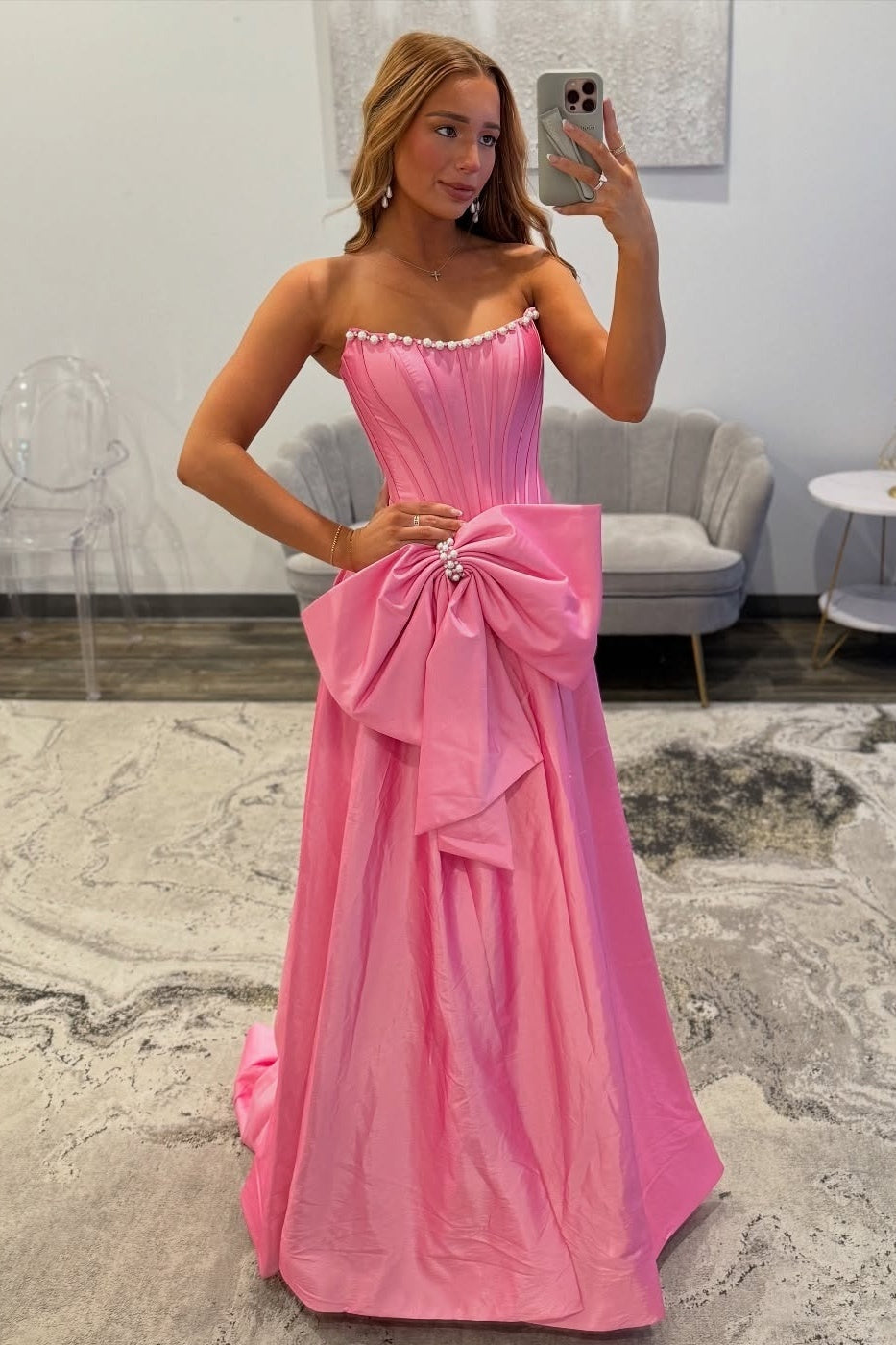 Sweety A Line Strapless Black Long Prom Dress with Bowknot Pearls