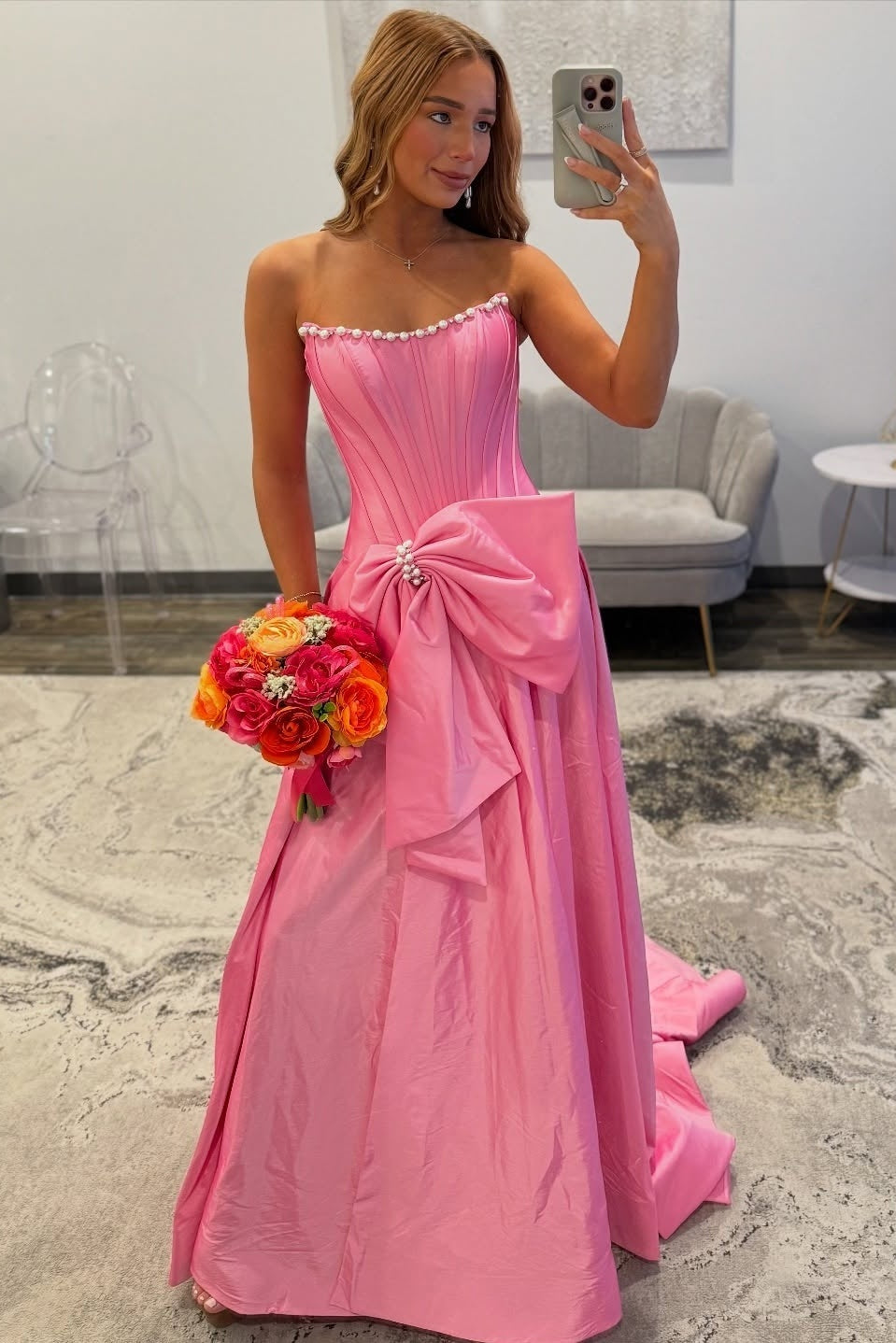 Sweety A Line Strapless Black Long Prom Dress with Bowknot Pearls