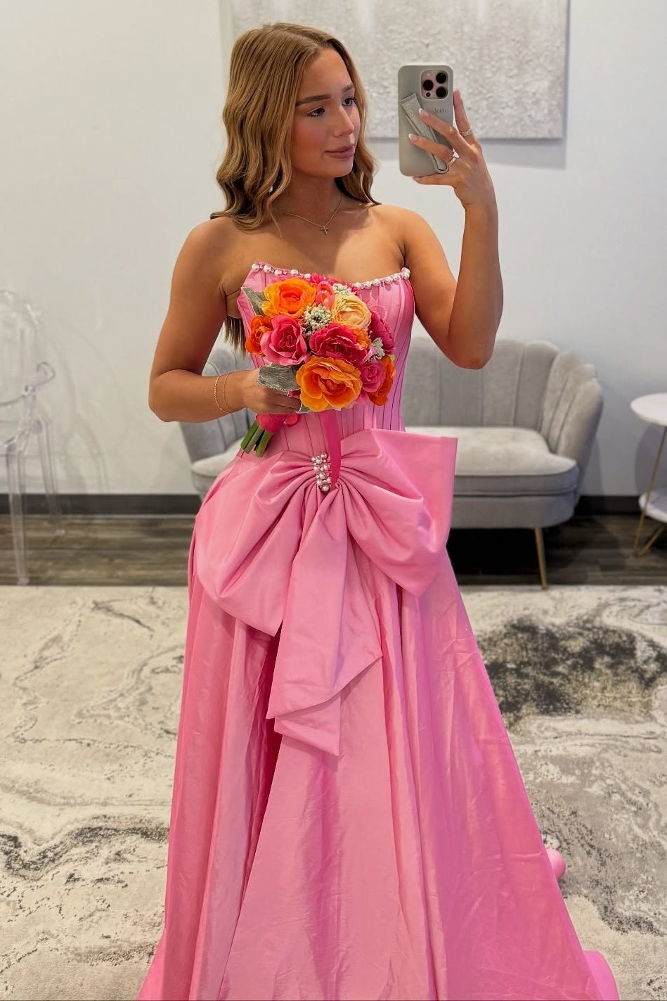 Sweety A Line Strapless Black Long Prom Dress with Bowknot Pearls