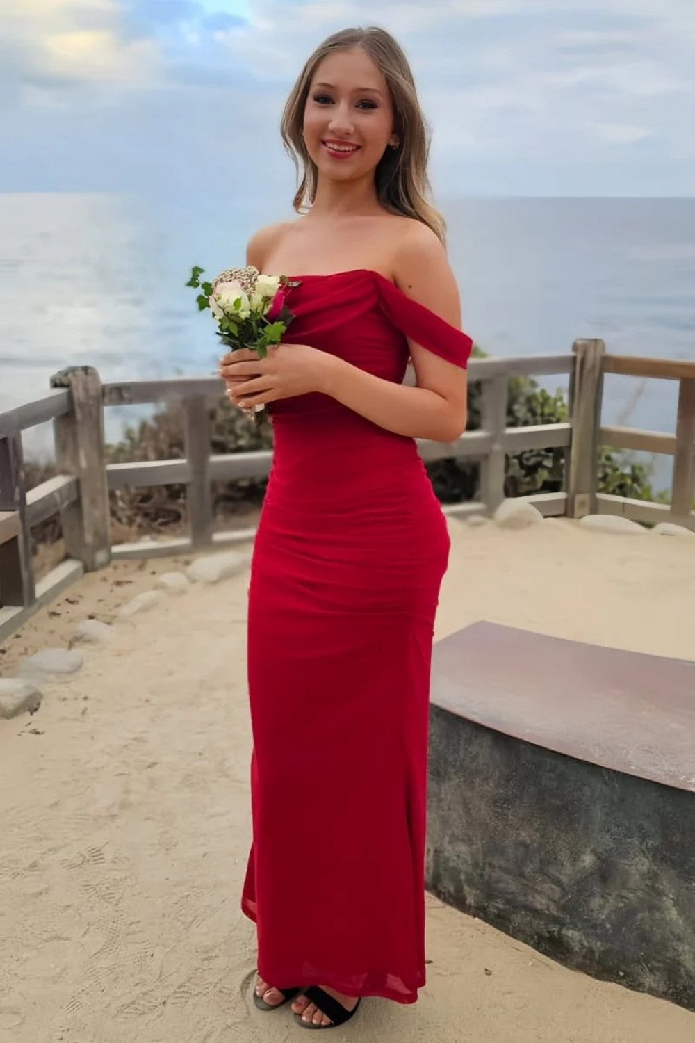 Sweety Sheath Off the Shoulder Red Tea Length Prom Dress with Criss Cross Back