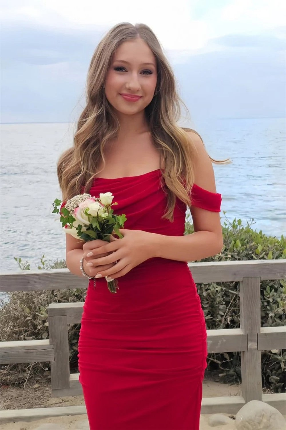 Sweety Sheath Off the Shoulder Red Tea Length Prom Dress with Criss Cross Back