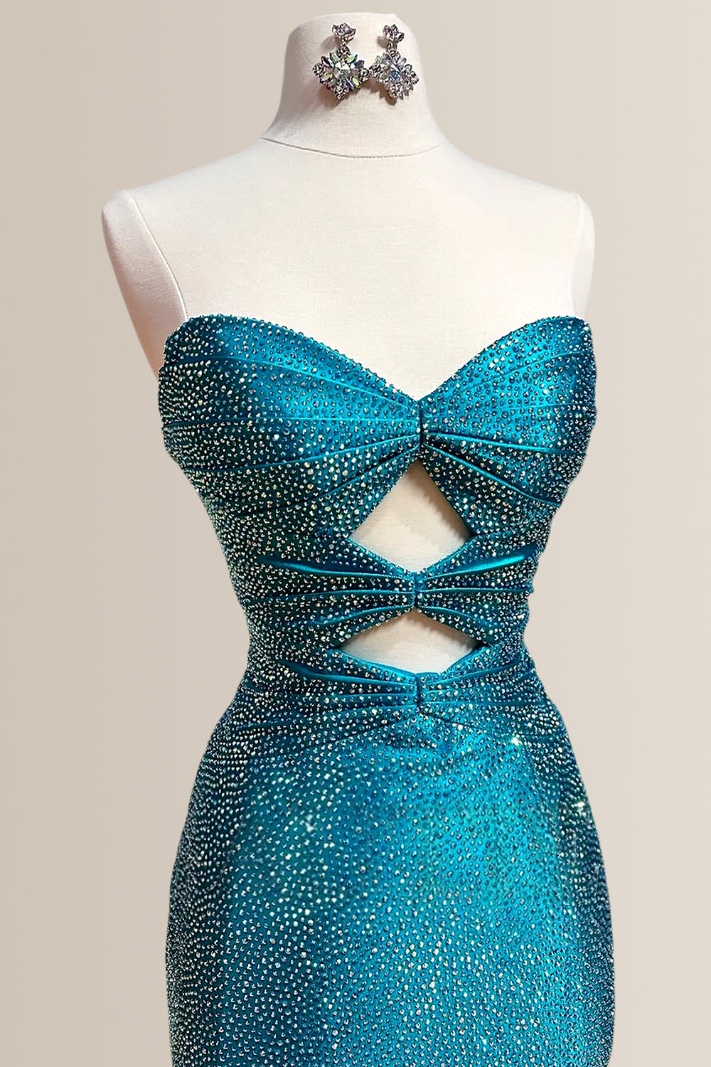 Teal Sweetheart Cutout Mermaid Satin Prom Dress with Sparkle Beading and High Slit