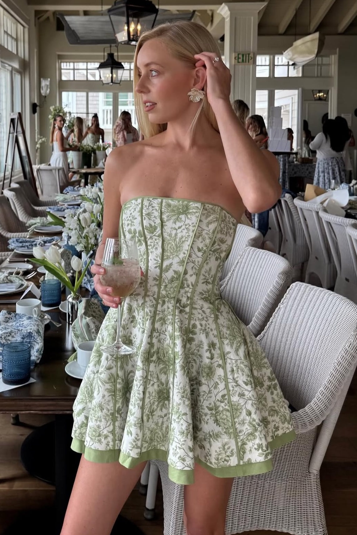 Trendy A Line Strapless Green Printed Corset Homecoming Dress with Bowknot