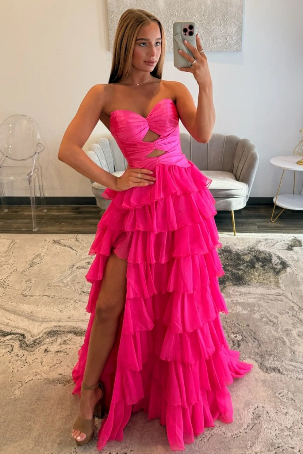 Trendy A Line Sweetheart Hot Pink Long Prom Dress with Ruffles Keyhole