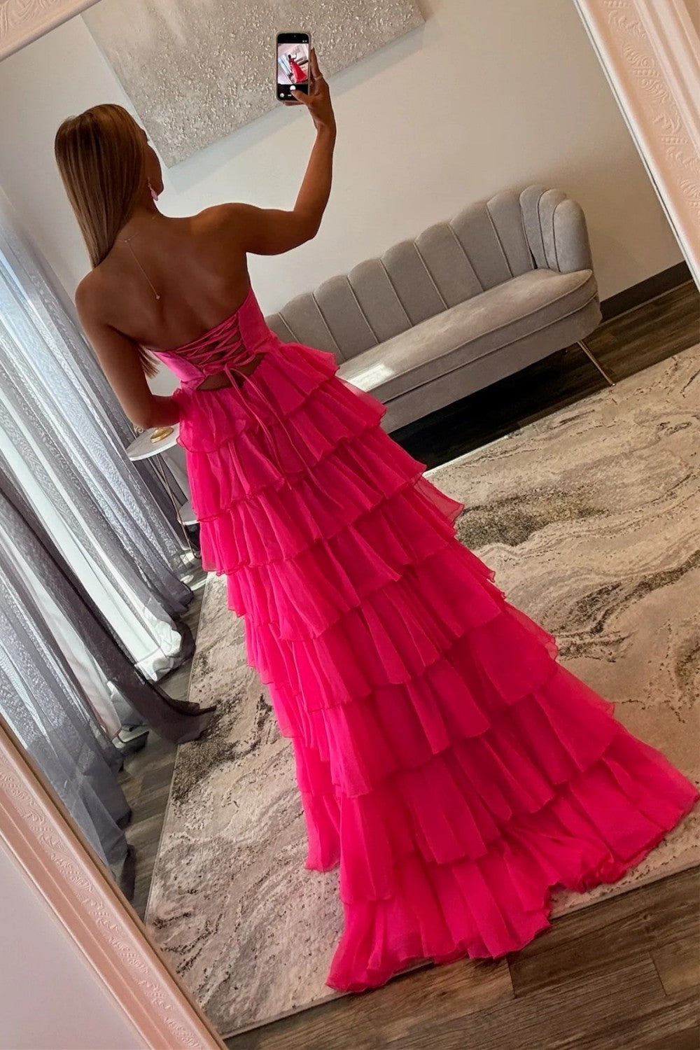 Trendy A Line Sweetheart Hot Pink Long Prom Dress with Ruffles Keyhole