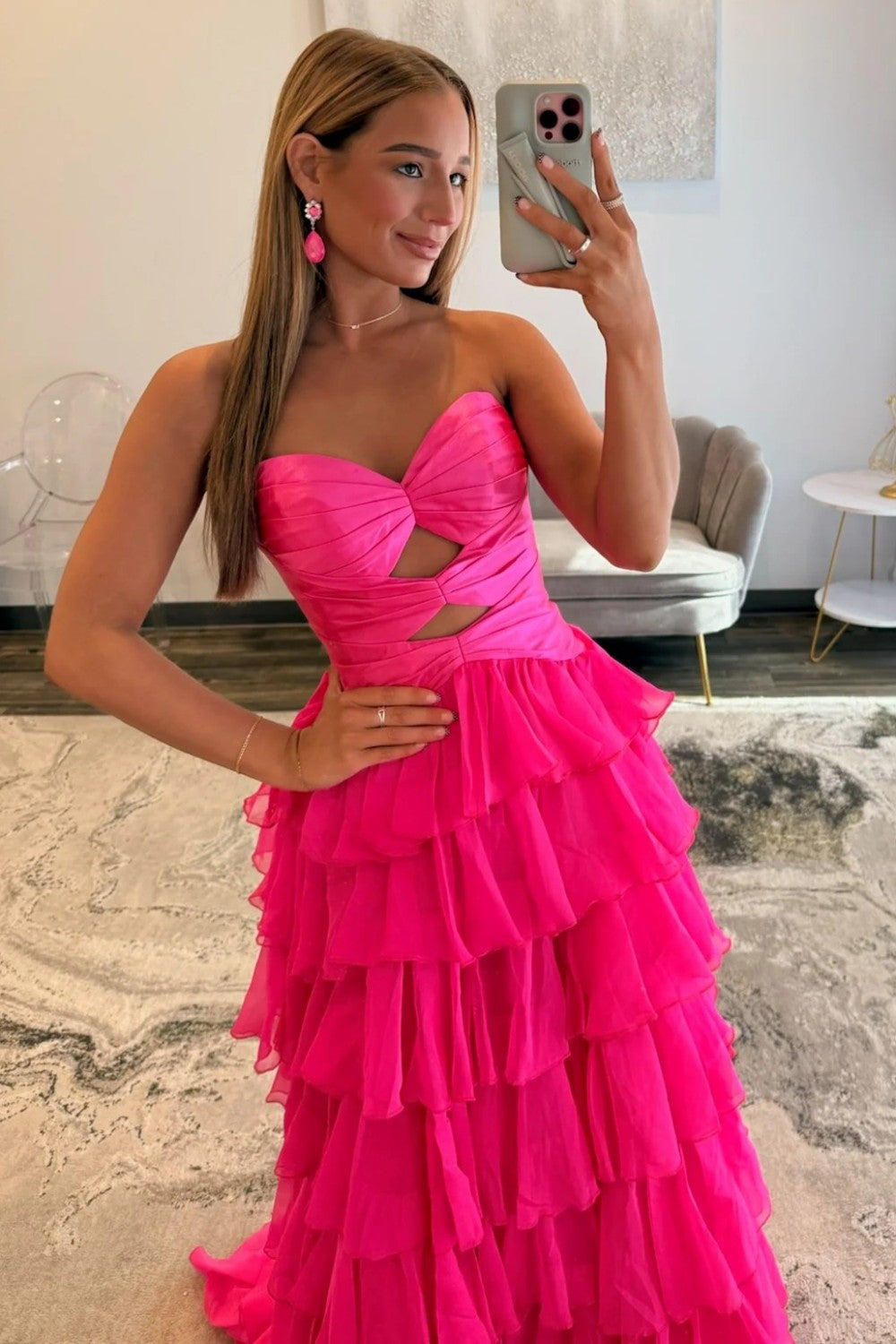 Trendy A Line Sweetheart Hot Pink Long Prom Dress with Ruffles Keyhole