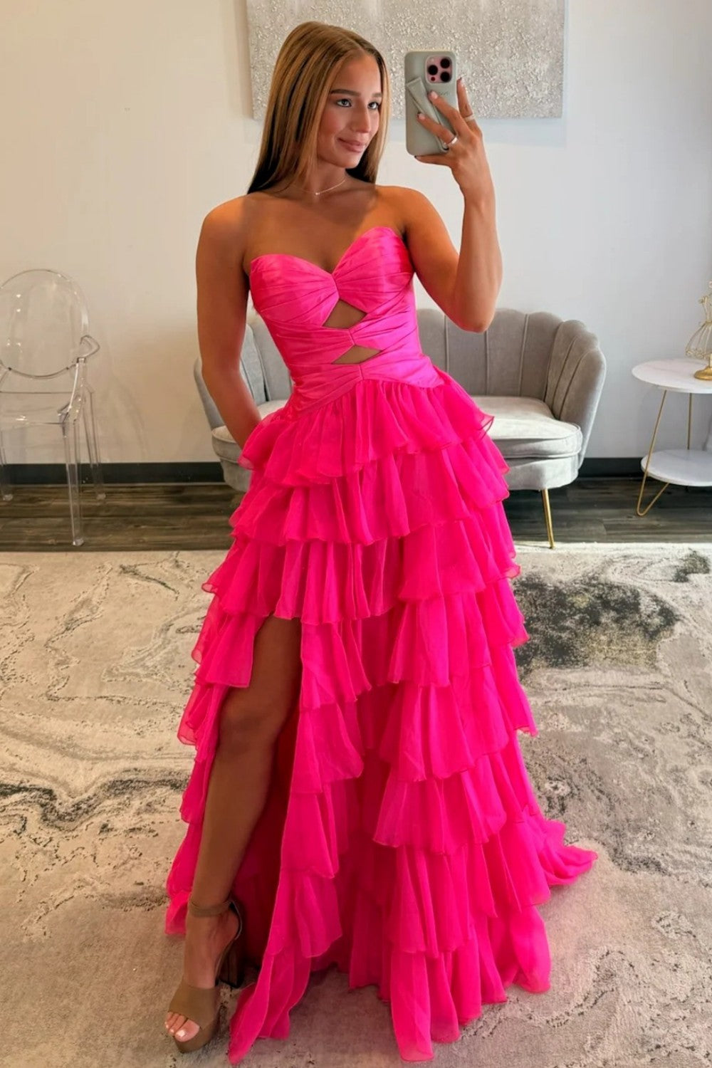 Trendy A Line Sweetheart Hot Pink Long Prom Dress with Ruffles Keyhole