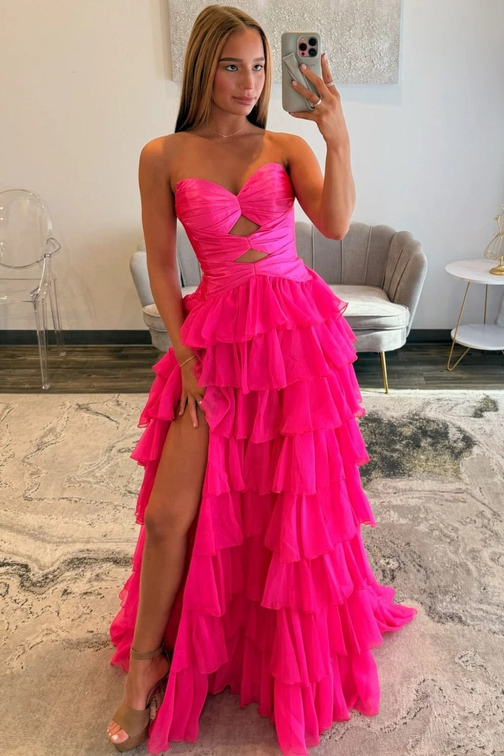 Trendy A Line Sweetheart Hot Pink Long Prom Dress with Ruffles Keyhole
