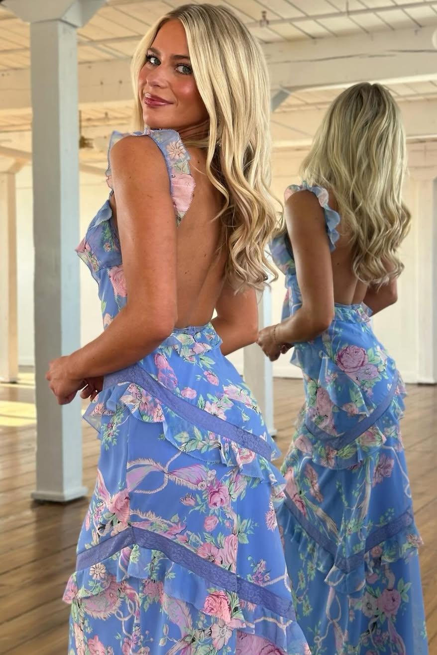 Trendy Floral Print Yellow Spaghetti Strap Long Prom Dress with Ruffles