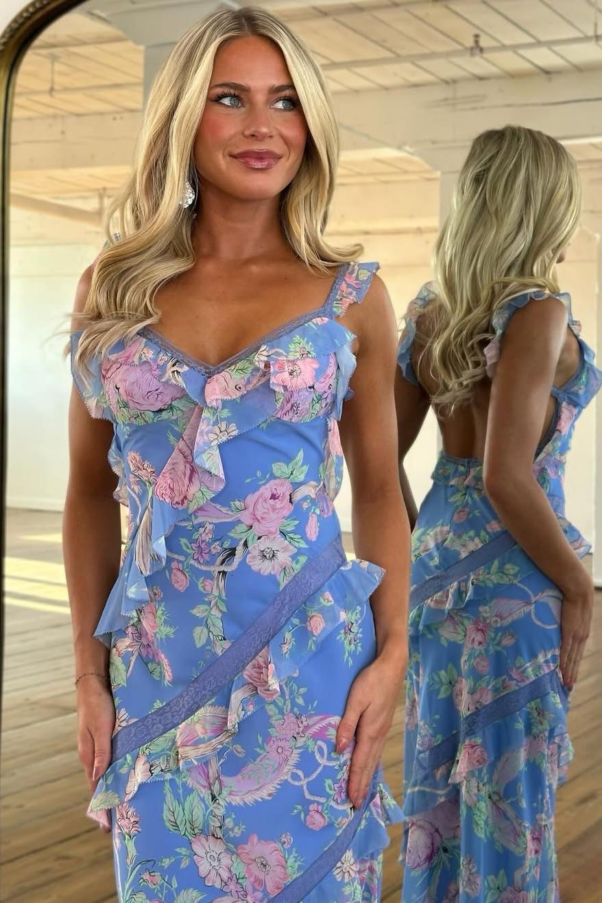 Trendy Floral Print Yellow Spaghetti Strap Long Prom Dress with Ruffles