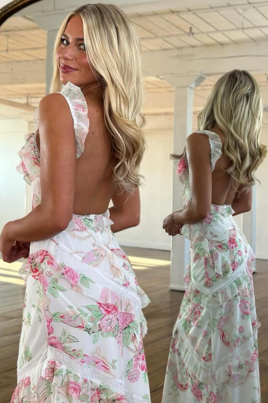 Trendy Floral Print Yellow Spaghetti Strap Long Prom Dress with Ruffles