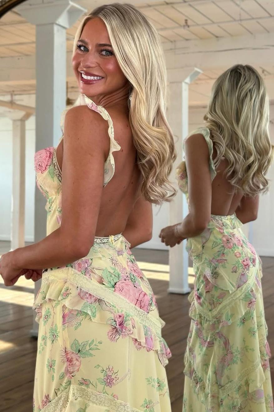Trendy Floral Print Yellow Spaghetti Strap Long Prom Dress with Ruffles