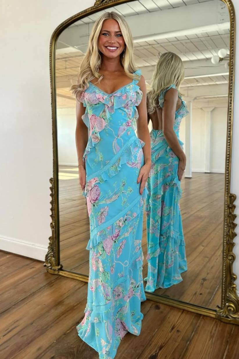 Trendy Floral Print Yellow Spaghetti Strap Long Prom Dress with Ruffles