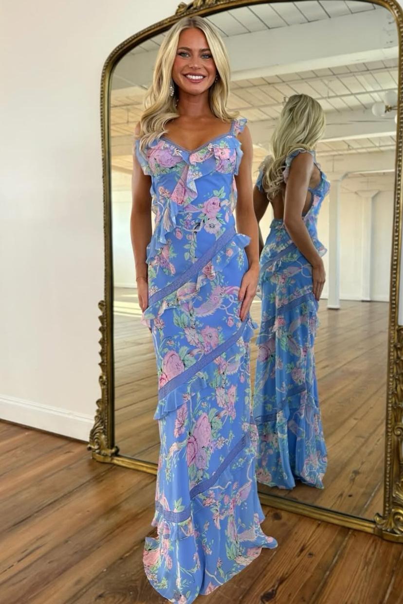 Trendy Floral Print Yellow Spaghetti Strap Long Prom Dress with Ruffles