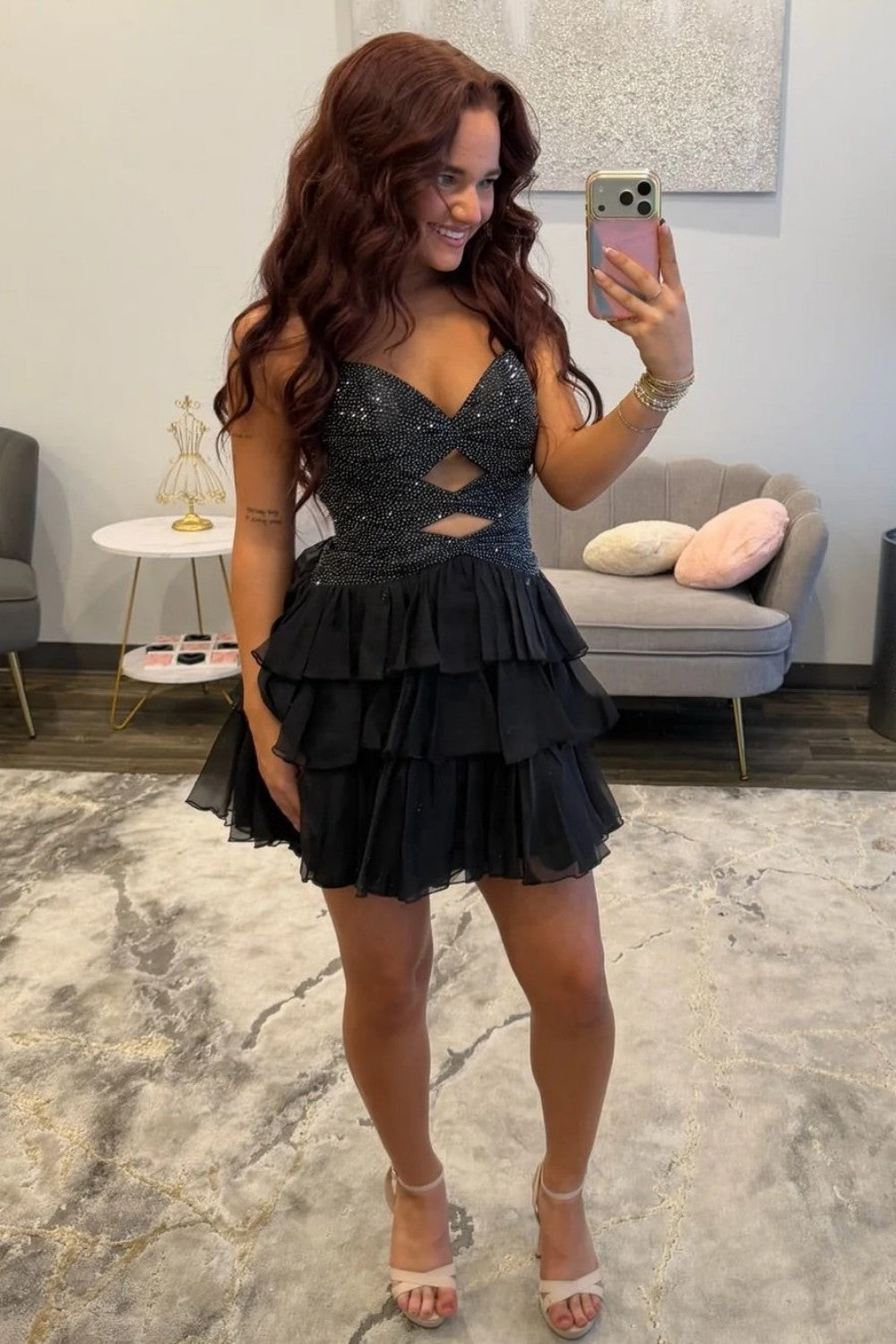 Trendy Homecoming Dress with Beaded Bodice and Layered Ruffle Skirt