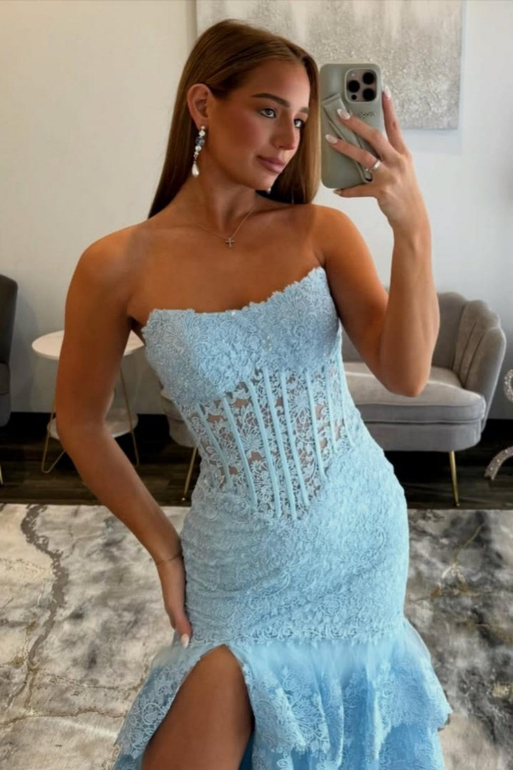 Trendy Light Blue Strapless Lace Corset Mermaid Prom Dress with Slit